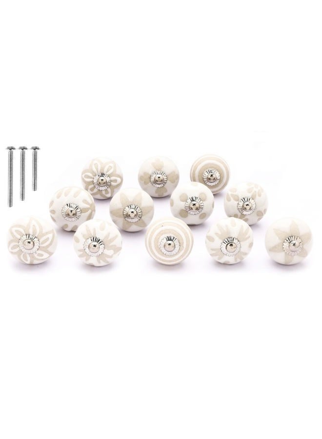 naqsh Premium Quality Assorted Ceramic Knobs- Multi Color Mix Designed Ceramic Cupboard Cabinet Door Knobs Drawer Pulls & Chrome Hardware (12, White Beige) - Image 1