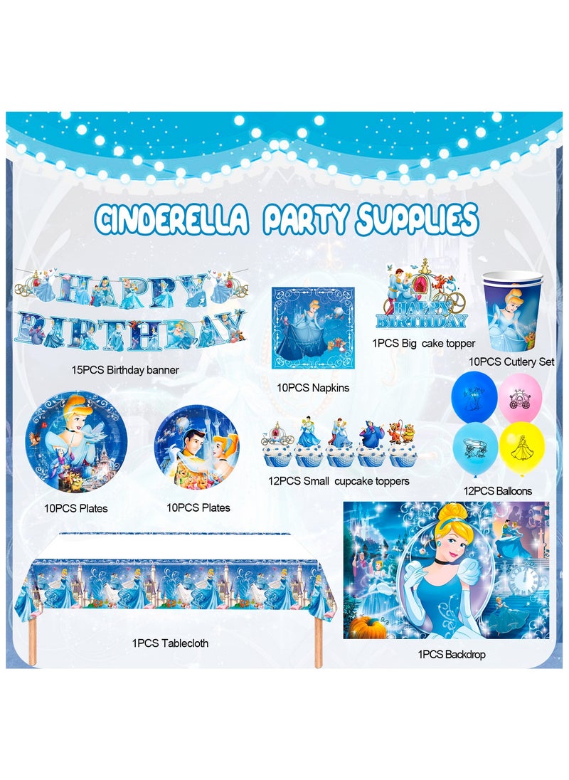 FRUITFUL PARTY - Cinderella Birthday Party Decorations for 10 Guests, Cinderella Disposable Party Tableware Set Cinderella Themed Balloons Backdrop Paper Plates Cups - Image 1