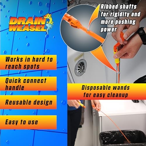 FlexiSnake Pro Drain Weasel Sink Snake Hair Clog Remover Tool, Sink, Pipe, Bathroom, Bathtub Drain Cleaner, 18-inch Long, Flexible, Made in The USA, 10 Pack Reusable Wands and Removable Handle - Image 5
