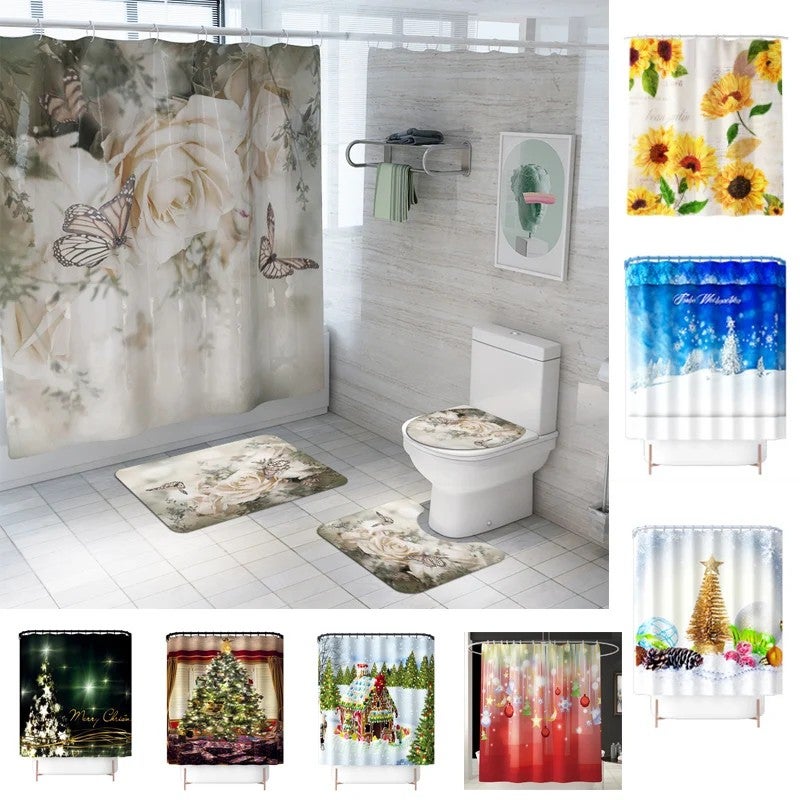 Y&D Floral Printed Bath Rug and Shower Curtain Set for Bathroom Decor with Included Shower Curtain - Image 2