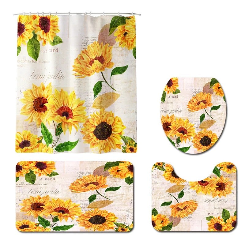 Y&D Floral Printed Bath Rug and Shower Curtain Set for Bathroom Decor with Included Shower Curtain - Image 1
