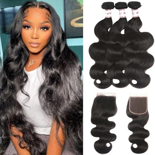 Katspon 12A Brazilian Human Hair Bundles Body Wave 3 Bundles with Lace Closure 4x4 Free Part 100% Unprocessed Remy Human Hair Bundles with Closure Wet and Wavy Double Weft Natural Color (141618+14) - Image 1