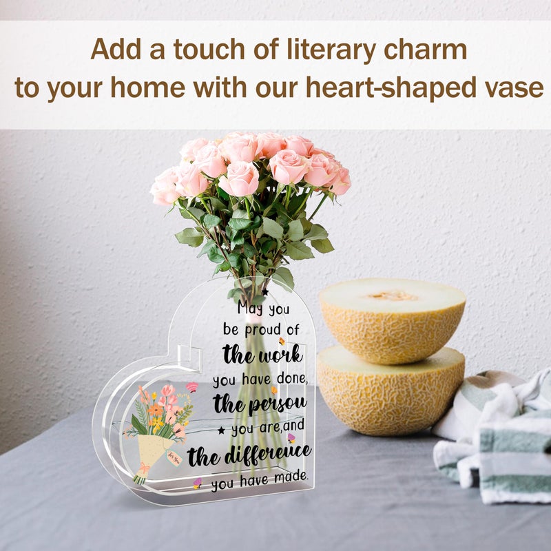 Beshoul Heart Vase, Acrylic Heart Shaped Vase for Flowers, Thank You Gifts for Women Boss Coworkers Leader Teacher, Inspirational Clear Acrylic Book Shaped Decorative Vase - C03 - Image 3