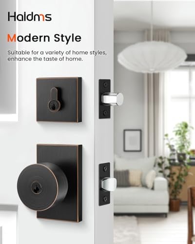 Haidms Oil Rubbed Bronze Door Knob with Deadbolt, Zinc Alloy Bronze Keyed Alike Exterior Door Lock Set, Heavy Duty Front Door Knob and Deadbolt Set with Lock and Key, Reversible (1 Pack) - Image 2