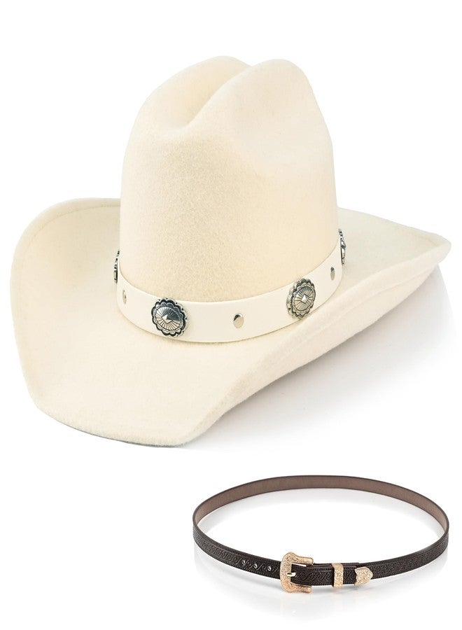 Foeran 100% Wool Western Cowboy Hat for Men's Women's Classic Fedora Hat Felt Cowgirls Hats with Two Decorative Bands (US, Alpha, Medium, X-Large, White-A) - Image 1