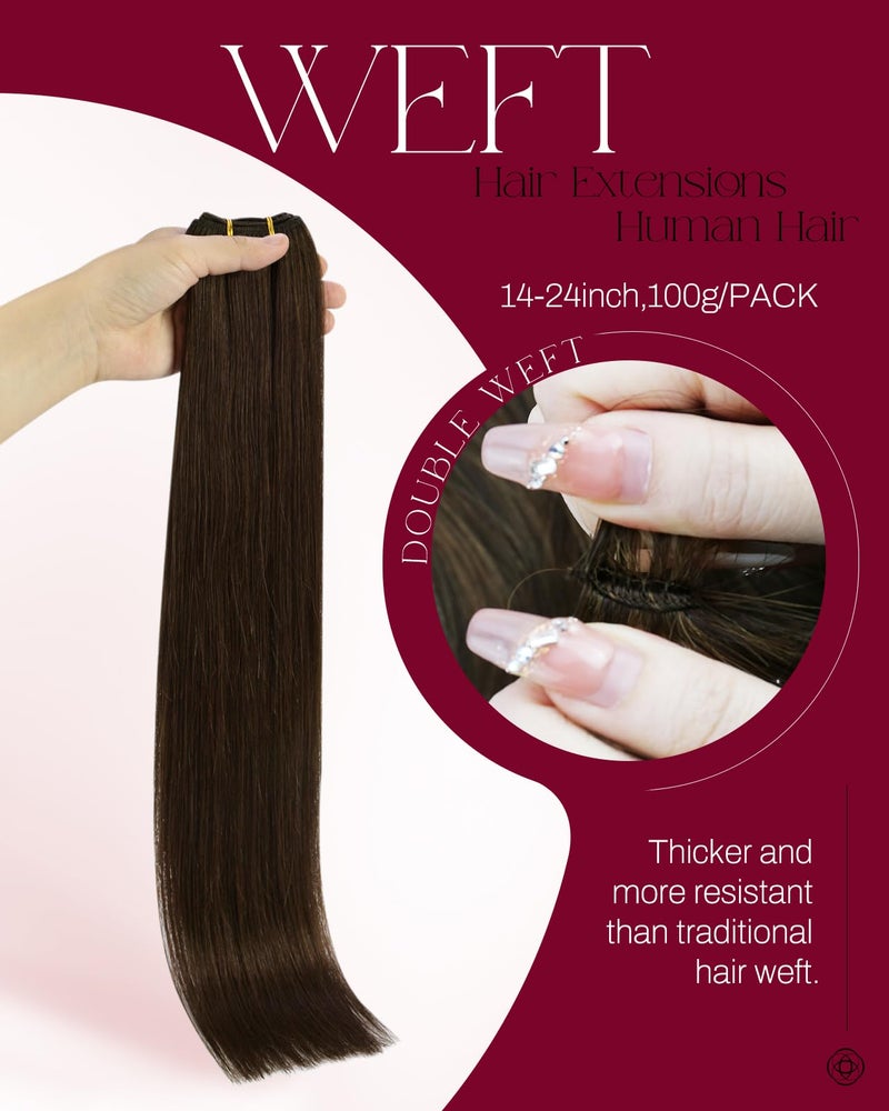 Moresoo Weft Hair Extensions Human Hair Brown 20 Inch Double Weft Sew in Extensions Real Human Hair Remy Straight Medium Brown #4 100G - Image 2