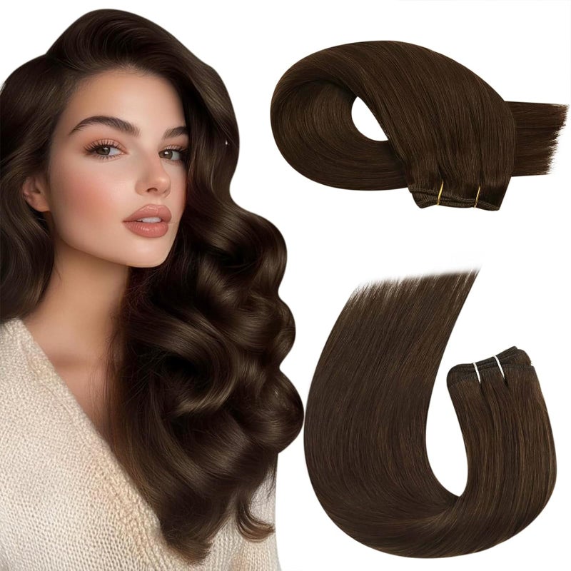 Moresoo Weft Hair Extensions Human Hair Brown 20 Inch Double Weft Sew in Extensions Real Human Hair Remy Straight Medium Brown #4 100G - Image 1