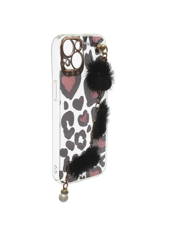 Leopard Heart Clear Case with Black Pom-Pom Chain Strap for iPhone 14 Pro Cute Plush Wristlet Charm Cover - Multicolor - Image 2