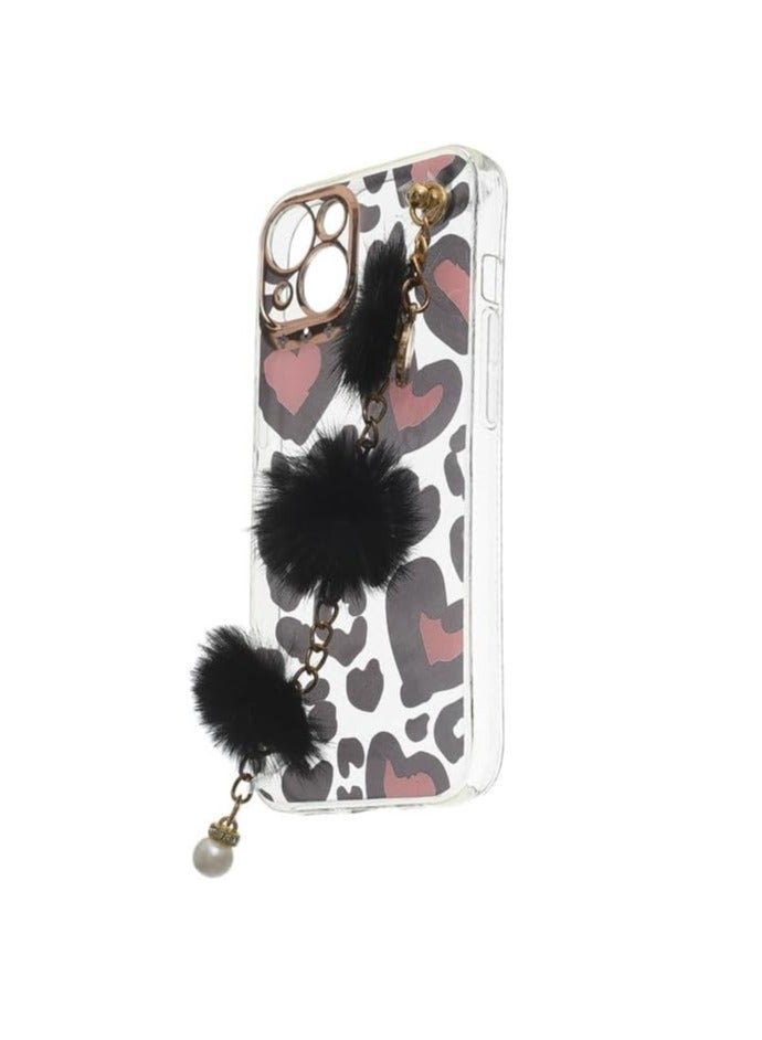Leopard Heart Clear Case with Black Pom-Pom Chain Strap for iPhone 14 Pro Cute Plush Wristlet Charm Cover - Multicolor - Image 3