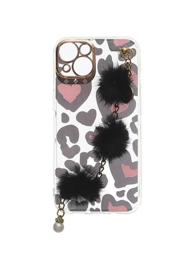 Leopard Heart Clear Case with Black Pom-Pom Chain Strap for iPhone 14 Pro Cute Plush Wristlet Charm Cover - Multicolor - Image 1