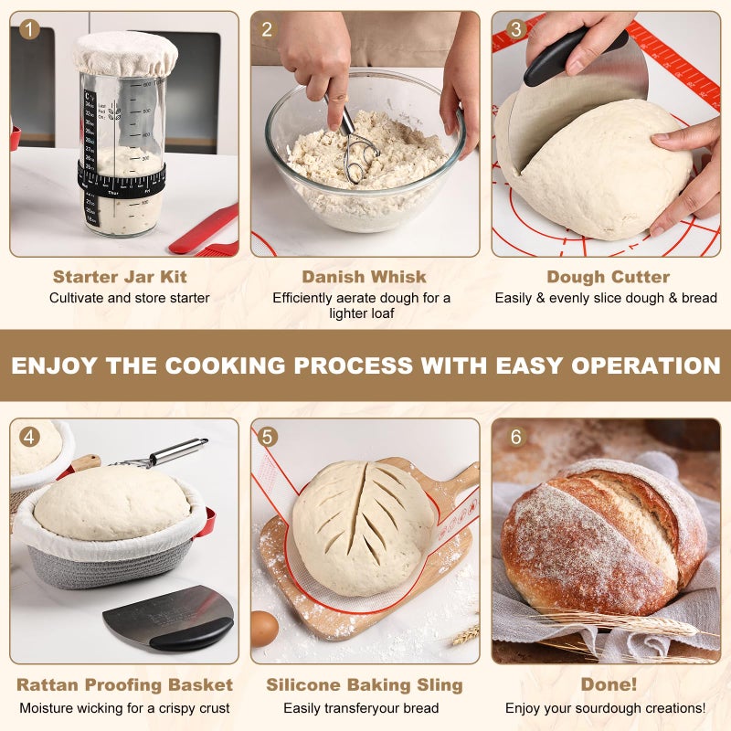 Tunyet Sourdough Bread Baking Supplies, Banneton Bread Proofing Basket, 10 Inch Oval & Round Bread Baskets with Liners & Covers, Sourdough Starter Kit - Image 3