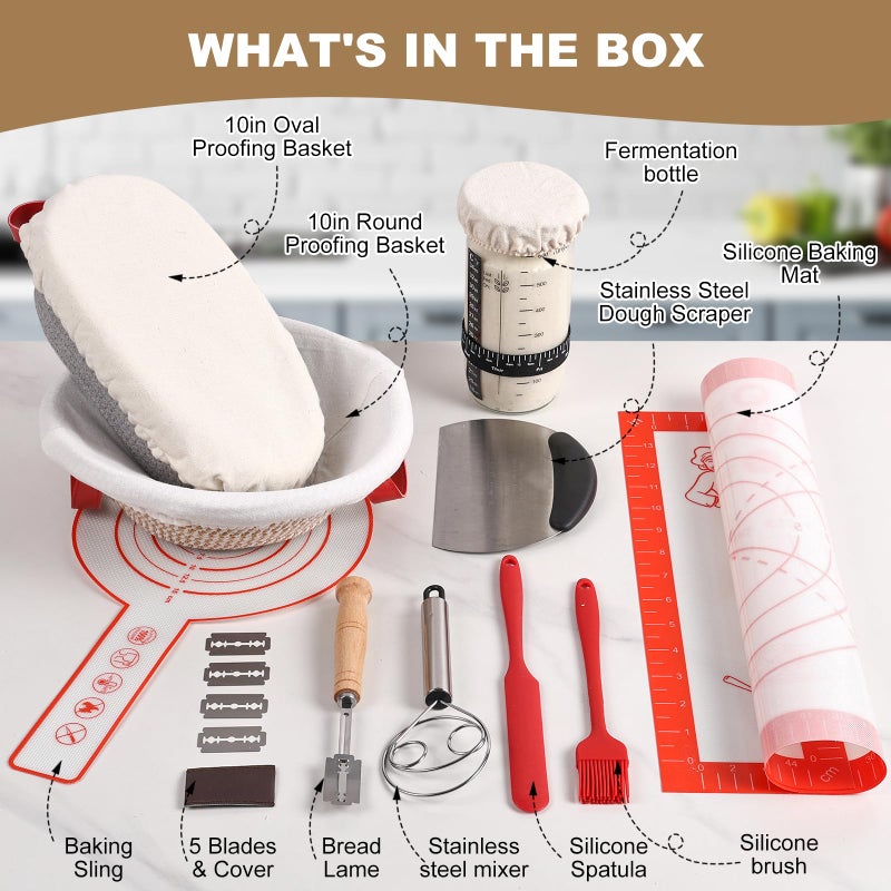 Tunyet Sourdough Bread Baking Supplies, Banneton Bread Proofing Basket, 10 Inch Oval & Round Bread Baskets with Liners & Covers, Sourdough Starter Kit - Image 2
