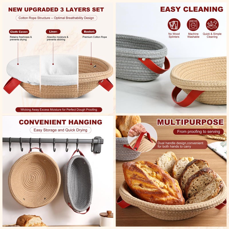 Tunyet Sourdough Bread Baking Supplies, Banneton Bread Proofing Basket, 10 Inch Oval & Round Bread Baskets with Liners & Covers, Sourdough Starter Kit - Image 4