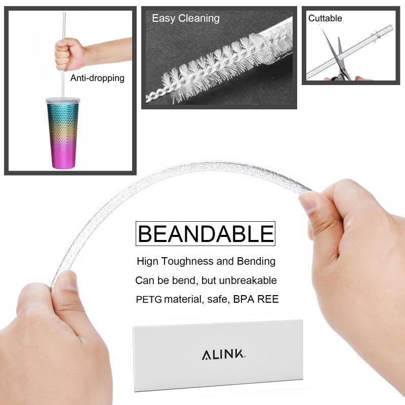 ALINK 12-Pack Reusable Glitter Straws, 11" Long Clear Hard Plastic Tumbler Straws, Replacement Drinking Straws for 20 OZ 30 OZ Stanley, Yeti/Rtic, Starbucks, Mason Jars with Brush - Image 3