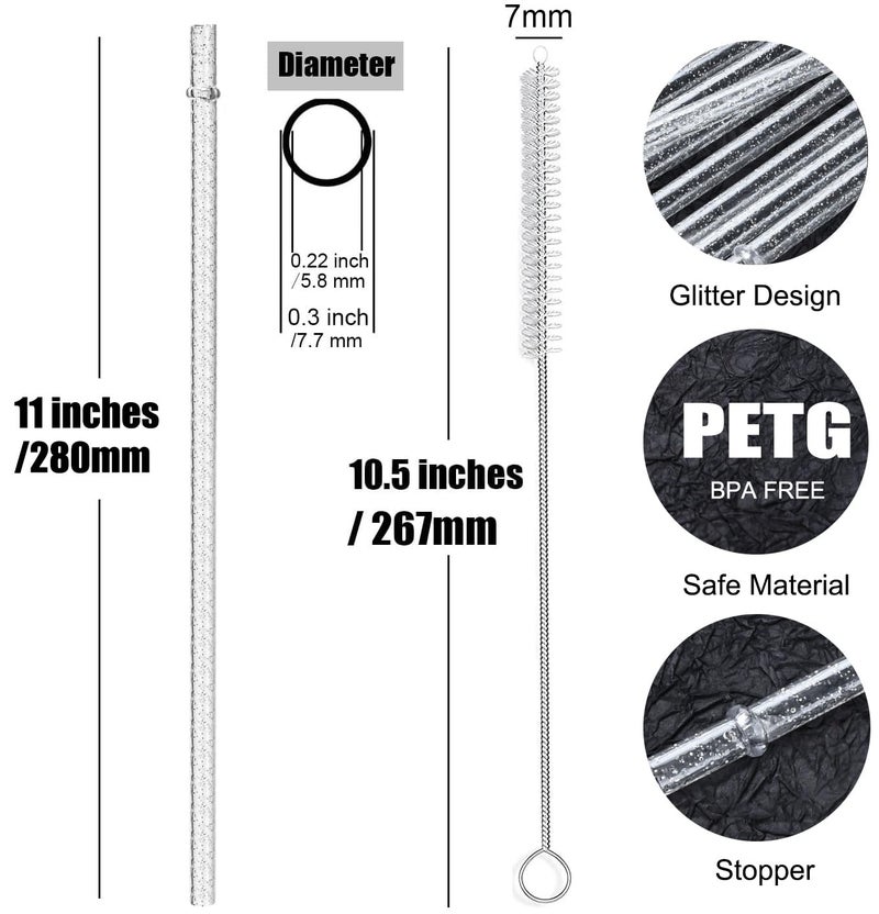 ALINK 12-Pack Reusable Glitter Straws, 11" Long Clear Hard Plastic Tumbler Straws, Replacement Drinking Straws for 20 OZ 30 OZ Stanley, Yeti/Rtic, Starbucks, Mason Jars with Brush - Image 2