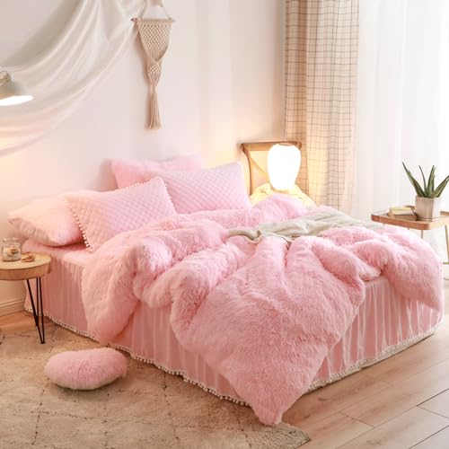 HAIHUA Fluffy Pink Comforter Cover Twin Set, Fuzzy Pink Girls Twin Bedding Set 2 Pieces (1 Plush Duvet Cover + 1 Furry Plush Pillow Cases) Girls Shaggy Bed Set, Zipper Closure - Image 5