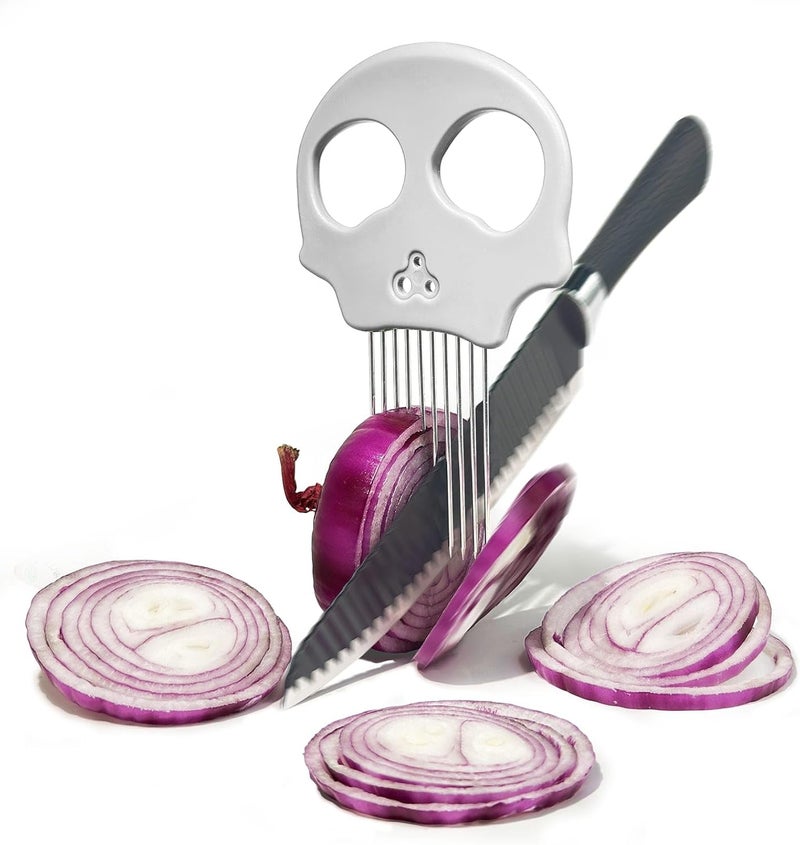 Erehere Stainless Steel Onion Cutter & Egg Slicer – Multi-Function Vegetable Cutter and Herb Stripper for Avocados, Tomatoes, and Potatoes (White) - Image 1