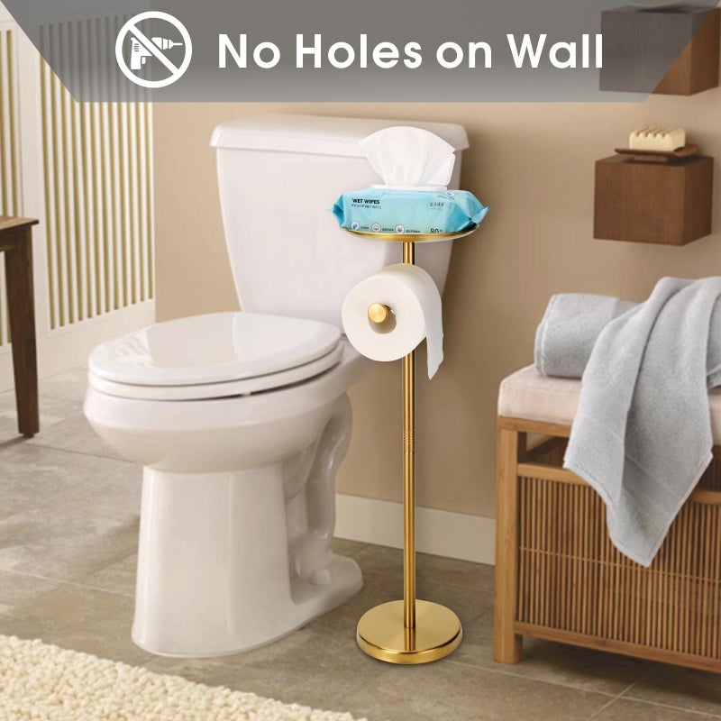 Wismay Toilet Paper Holder Stand Gold with Shelf on Top  Sturdy TP Roll Holder Floor Standing  Stainless Steel Base (Gold) - Image 2