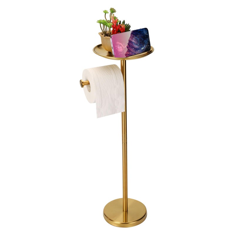 Wismay Toilet Paper Holder Stand Gold with Shelf on Top  Sturdy TP Roll Holder Floor Standing  Stainless Steel Base (Gold) - Image 1