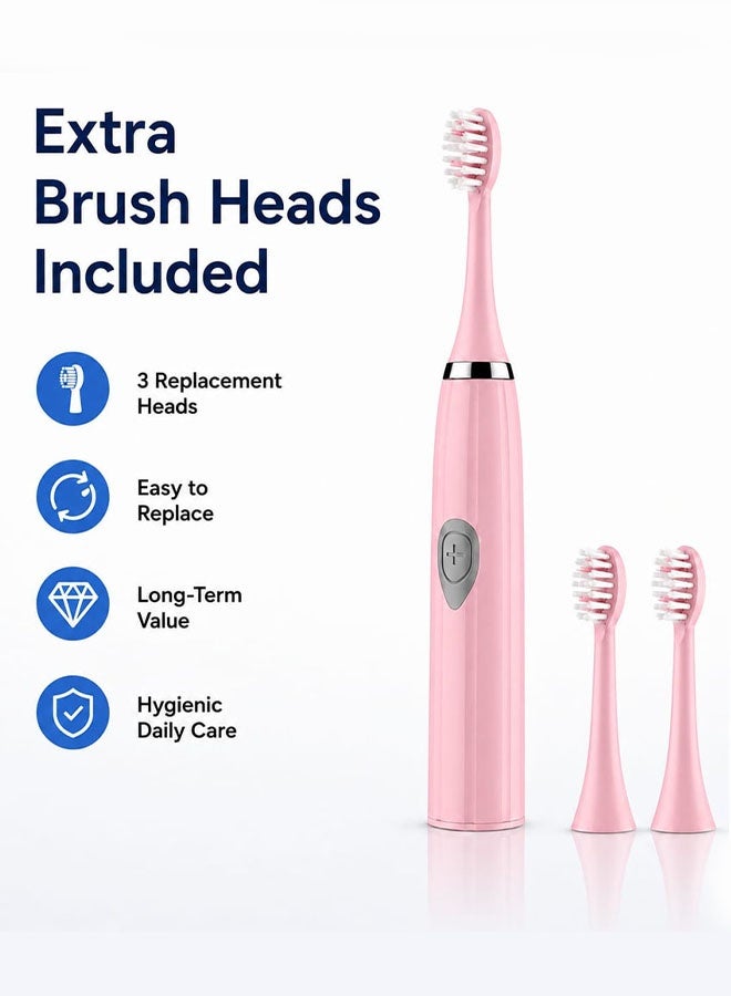 MARGOUN Electric Toothbrush Sonic Rechargeable Portable Travel Toothbrush Battery Operated with 2x Replacement Brush Heads Pink - Image 2