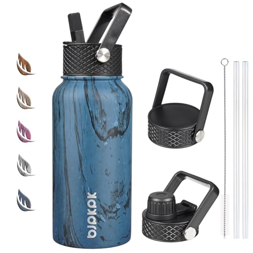 BJPKPK Insulated Water Bottles with Straw Lid 27oz Stainless Steel Water Bottle with 3 Lids Leak Proof BPA Free Metal Thermos Mugs Tumblers Keep Cold Hot  Wood Prussian Blue