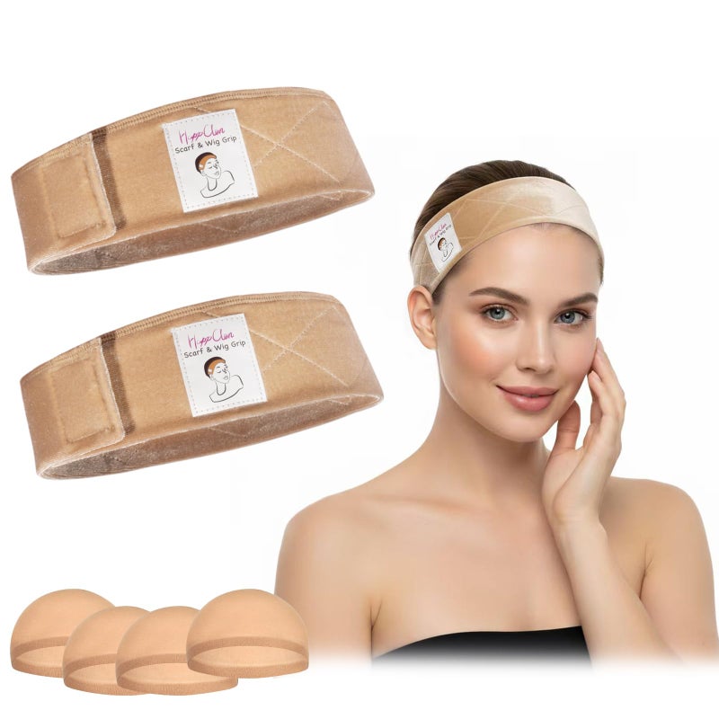 HappClan 2 Pack Velvet Wig Grip Band with 4 Caps, Adjustable No Slip Headband for Keeping Hairpieces in Place, Soft Breathable Hook and Loop Strap for Women & Beginners & Daily Use (Beige Blonde) - Image 1