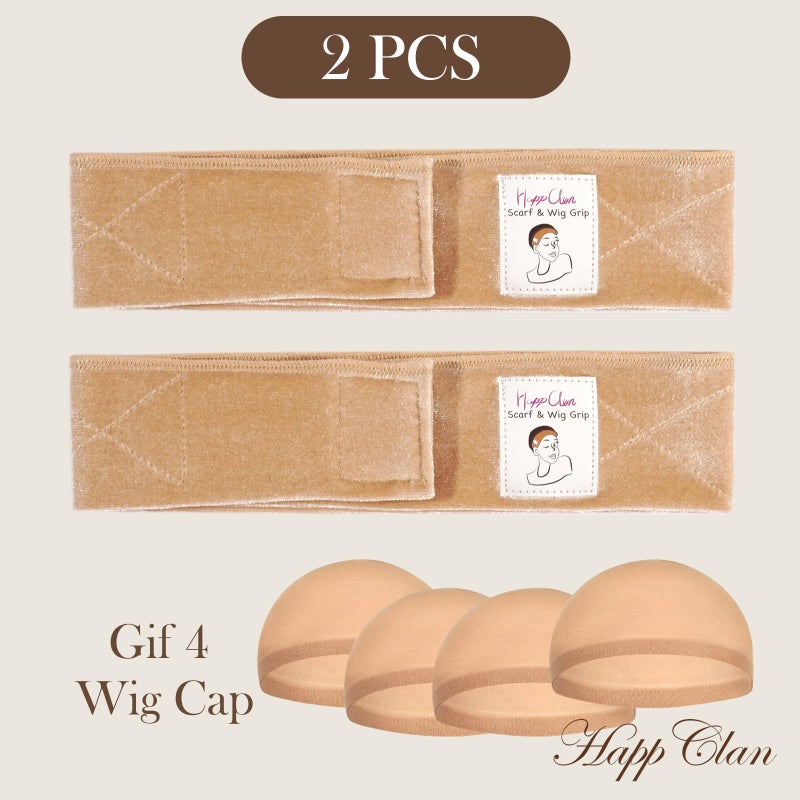 HappClan 2 Pack Velvet Wig Grip Band with 4 Caps, Adjustable No Slip Headband for Keeping Hairpieces in Place, Soft Breathable Hook and Loop Strap for Women & Beginners & Daily Use (Beige Blonde) - Image 2
