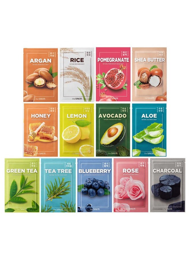 the SAEM [the SAEM] Natural Facial Mask Sheet 21ml Combo Set (13 Pack) - Korean Daily Skin Care Variety Pack, Moisturizing, Brightening, Soothing, Firming Care - Image 1