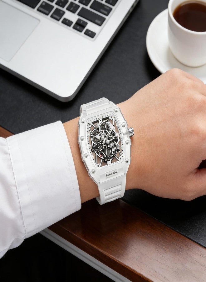 Gosasa Fashion Hollowed Men Watches Tonneau Transparent Analog Display Silicone Strap Calendar Quartz Waterproof Trend Male Wrist Watch, M-White, fashion - Image 5