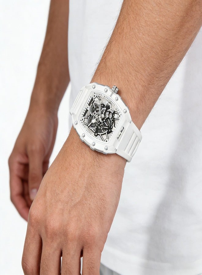 Gosasa Fashion Hollowed Men Watches Tonneau Transparent Analog Display Silicone Strap Calendar Quartz Waterproof Trend Male Wrist Watch, M-White, fashion - Image 3