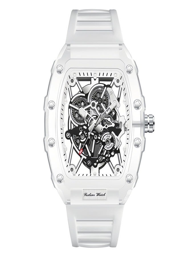 Gosasa Fashion Hollowed Men Watches Tonneau Transparent Analog Display Silicone Strap Calendar Quartz Waterproof Trend Male Wrist Watch, M-White, fashion - Image 1