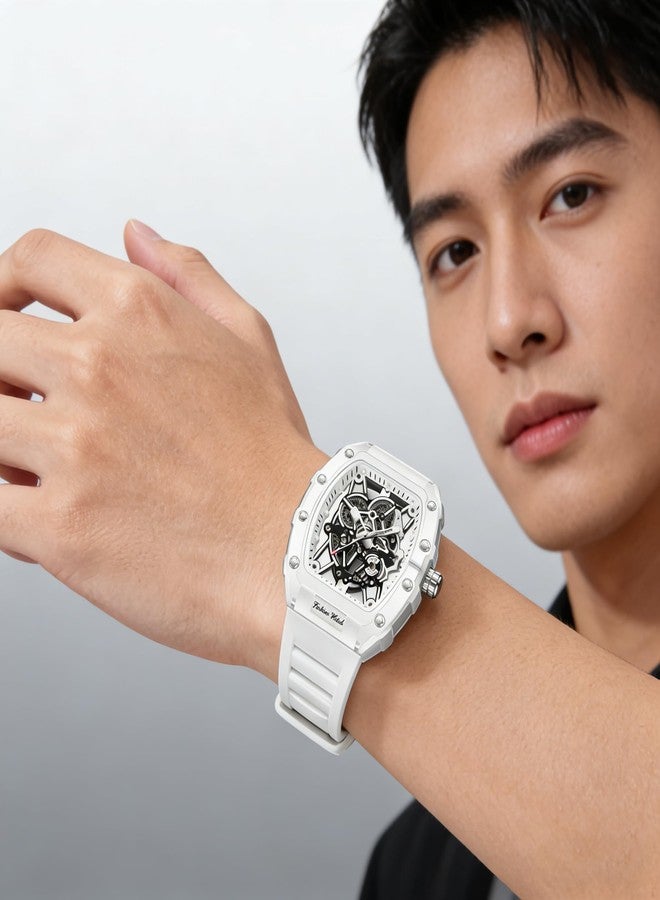 Gosasa Fashion Hollowed Men Watches Tonneau Transparent Analog Display Silicone Strap Calendar Quartz Waterproof Trend Male Wrist Watch, M-White, fashion - Image 2