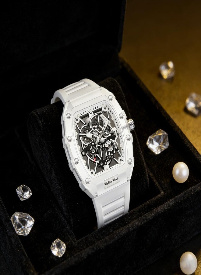 Gosasa Fashion Hollowed Men Watches Tonneau Transparent Analog Display Silicone Strap Calendar Quartz Waterproof Trend Male Wrist Watch, M-White, fashion - Image 4