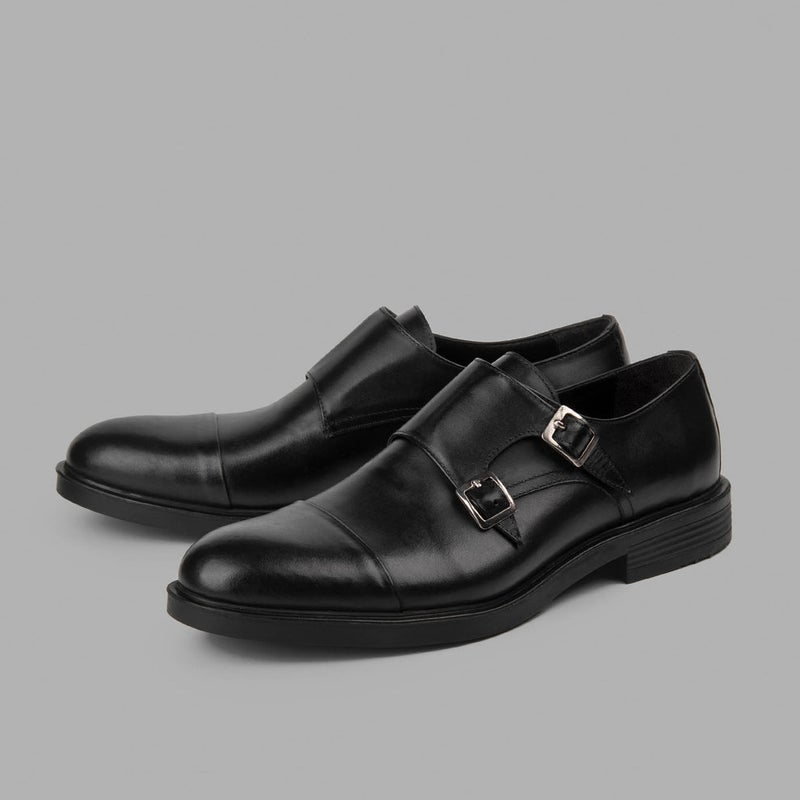BRIO Genuine Leather Cap Toe Double Monk – Black