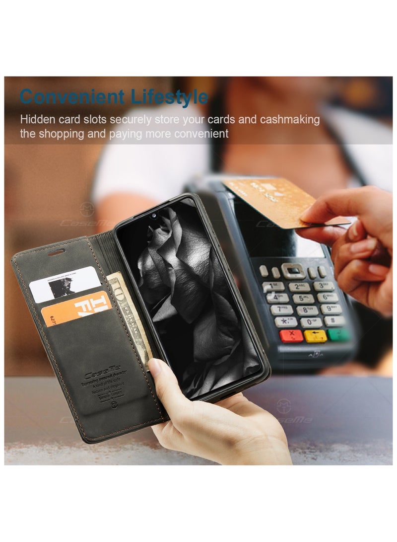 CaseMe Samsung Galaxy A41 Case Wallet Case Book Folding Flip Folio Case with Magnetic Kickstand Card Slots Protective Cover - Black - Image 4