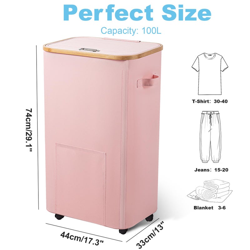 Vincona Laundry Basket with Wheels, Tall Dirty Clothes Hamper on Wheels, Rolling Laundry Hamper with lid for Dorm, Bedroom and Bathroom (Pink, 100L) - Image 2