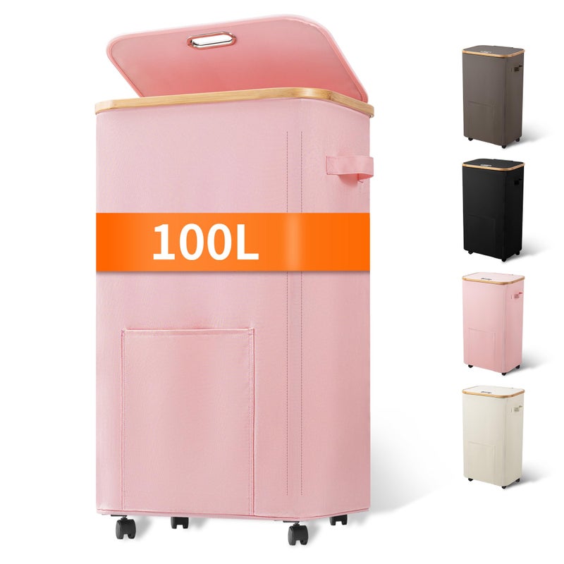 Vincona Laundry Basket with Wheels, Tall Dirty Clothes Hamper on Wheels, Rolling Laundry Hamper with lid for Dorm, Bedroom and Bathroom (Pink, 100L) - Image 1