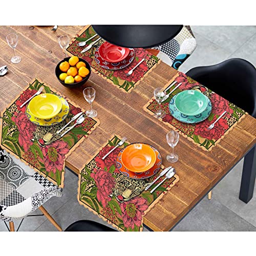 Yibeas Garden Peonies and Wild Leopard Cloth Napkins Set of 4 Vintage Red Floral and Leopard Art Pattern Polyester Kitchen Dinner Napkins for Holiday Festive Wedding Decor 18 x 18 inch - Image 4