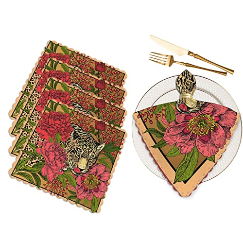 Yibeas Garden Peonies and Wild Leopard Cloth Napkins Set of 4 Vintage Red Floral and Leopard Art Pattern Polyester Kitchen Dinner Napkins for Holiday Festive Wedding Decor 18 x 18 inch - Image 1
