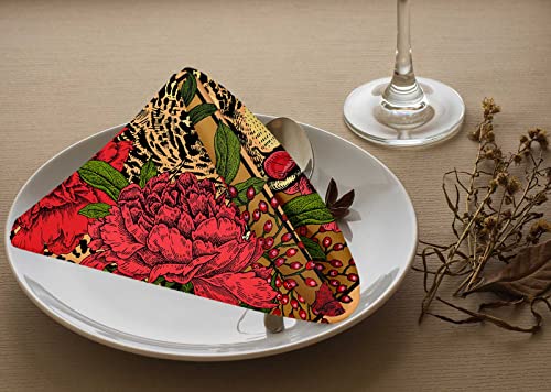 Yibeas Garden Peonies and Wild Leopard Cloth Napkins Set of 4 Vintage Red Floral and Leopard Art Pattern Polyester Kitchen Dinner Napkins for Holiday Festive Wedding Decor 18 x 18 inch - Image 3