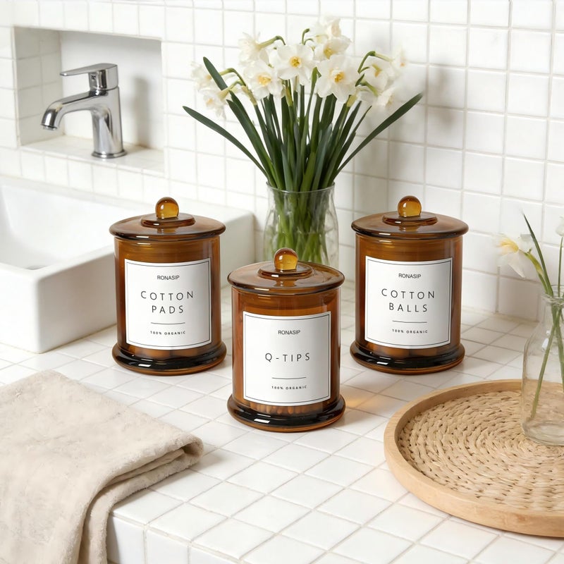Ronasip 3 Pack Qtip Holder Dispenser, 16oz Bathroom Organizer and Storage Canisters, Glass Apothecary Jars with Lid - Home Decor, Room Decor Aesthetic (Amber) - Image 2