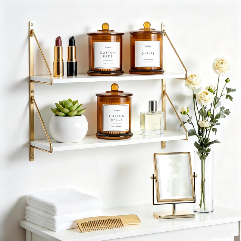 Ronasip 3 Pack Qtip Holder Dispenser, 16oz Bathroom Organizer and Storage Canisters, Glass Apothecary Jars with Lid - Home Decor, Room Decor Aesthetic (Amber) - Image 4