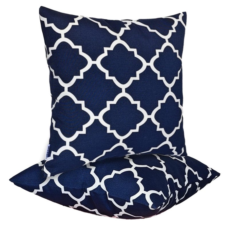 JMGBird Water-Resistant Outdoor Pillows Set of 2, 18x18 inch Durable Navy Blue Grid Pattern Throw Pillows with Inserts for Patio Furniture - Image 1