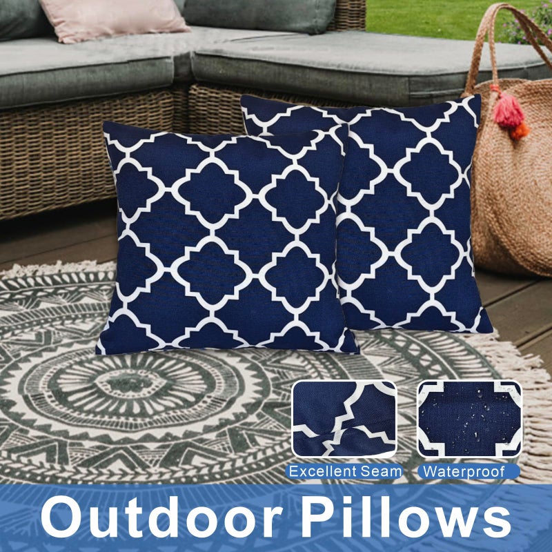 JMGBird Water-Resistant Outdoor Pillows Set of 2, 18x18 inch Durable Navy Blue Grid Pattern Throw Pillows with Inserts for Patio Furniture - Image 4