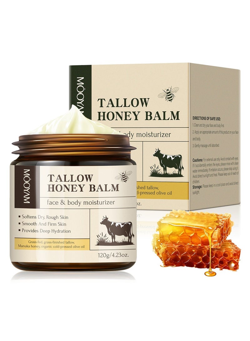 MOOYAM Tallow Honey Balm for Face and Body, Grass Fed Tallow Manuka Honey Olive Oil, Natural Tallow Skin Care Cream Body Butter, Deep Hydration Moisturizer, Softens Smooths Firms Dry Rough Skin for All Skin Types 120g - Image 1
