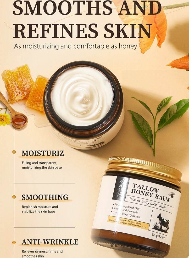 MOOYAM Tallow Honey Balm for Face and Body, Grass Fed Tallow Manuka Honey Olive Oil, Natural Tallow Skin Care Cream Body Butter, Deep Hydration Moisturizer, Softens Smooths Firms Dry Rough Skin for All Skin Types 120g - Image 4