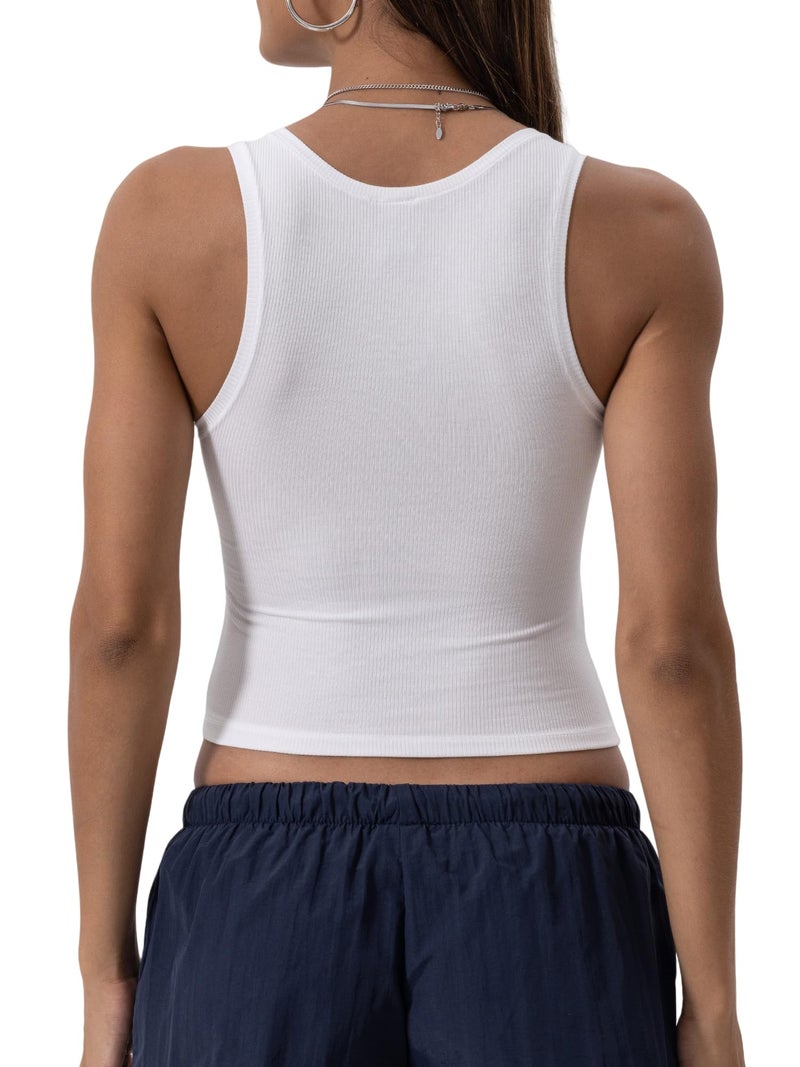 Danysu Women Cotton Rib Tank Top with Built in Bra Square Neck Crop Tank Fitted Basic Tops Angel White Solid M - Image 5
