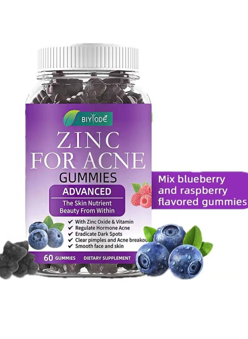 BIYODE 60 Count Zinc For Acne Gummies，Contains Zinc Oxide And Vitamins To Regulate Hormones, Eliminate Dark Spots, Clear Acne And Acne, And Make The Face And Skin Smooth - Image 1