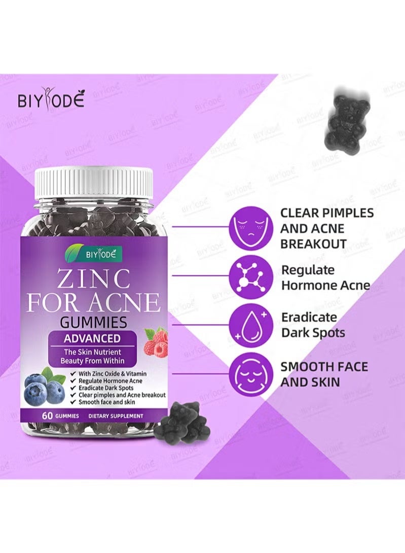 BIYODE 60 Count Zinc For Acne Gummies，Contains Zinc Oxide And Vitamins To Regulate Hormones, Eliminate Dark Spots, Clear Acne And Acne, And Make The Face And Skin Smooth - Image 2