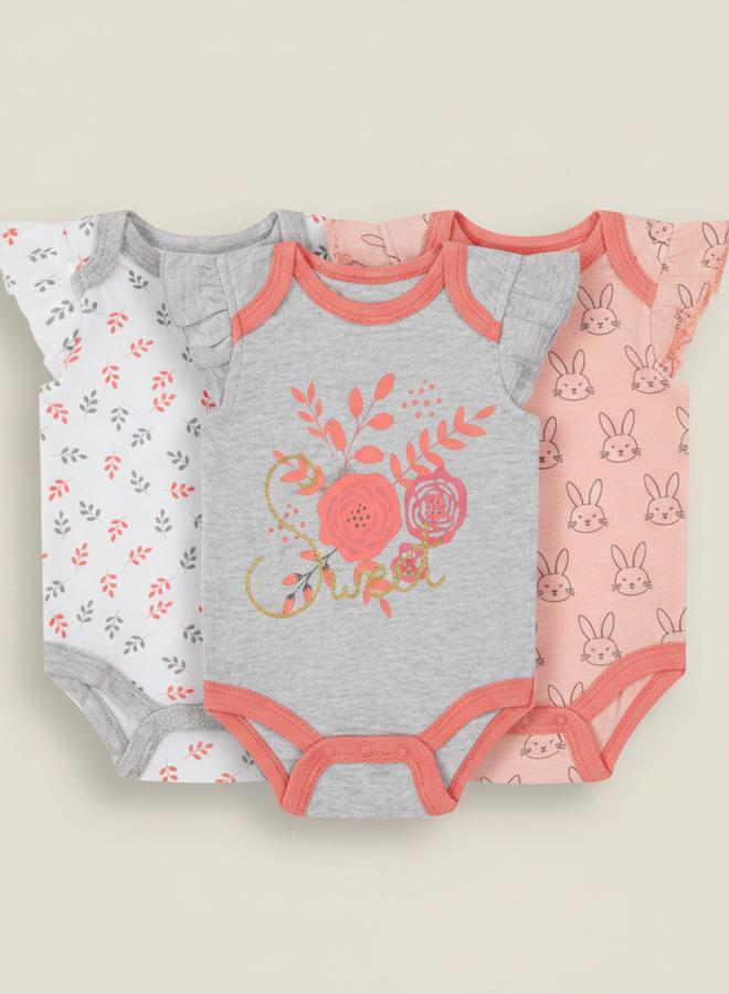 Mothers Choice Pack Of 3 -Frill Sleeve Bloom Print Bodysuit - Image 1